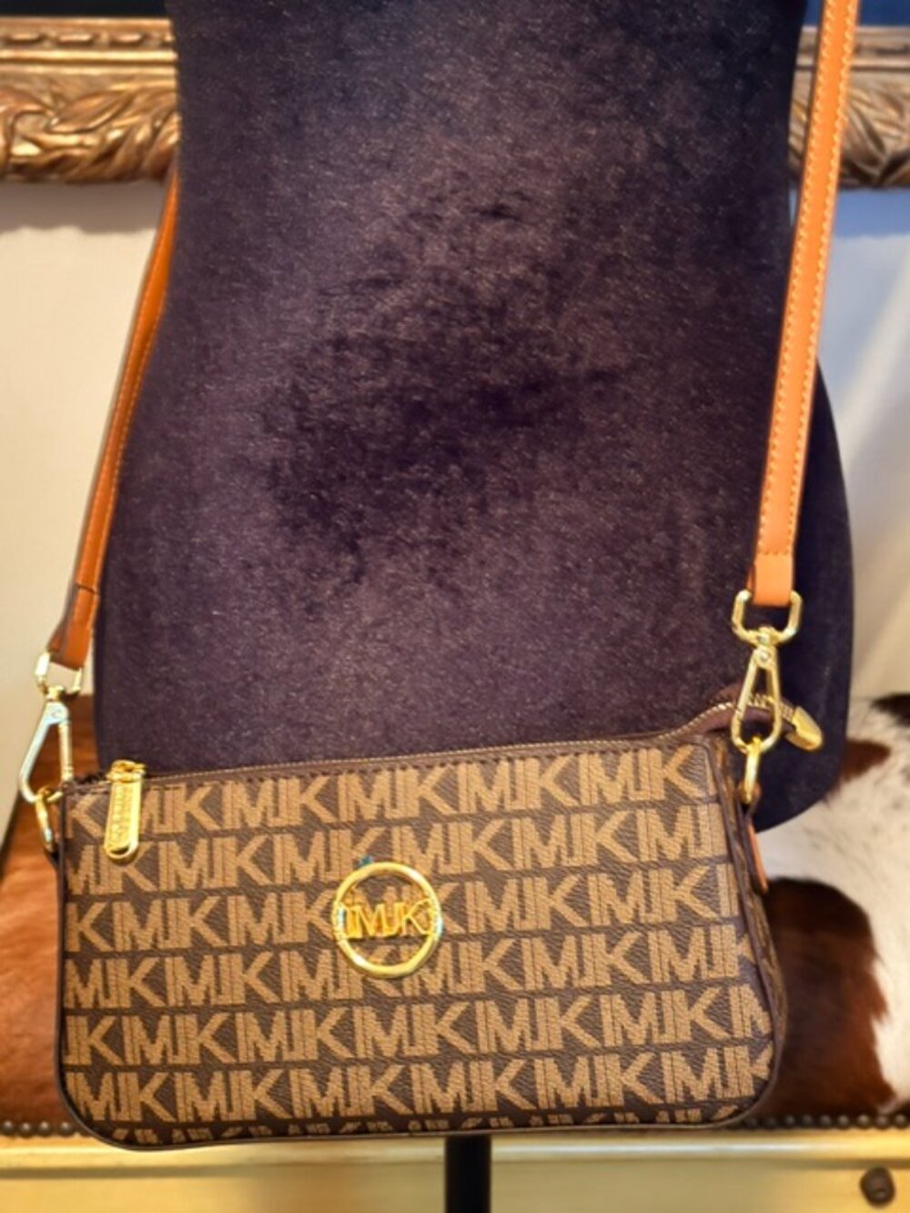 Michael Kors MK Signature Monogram Brown Crossbody Shoulder Bag Gold Logo